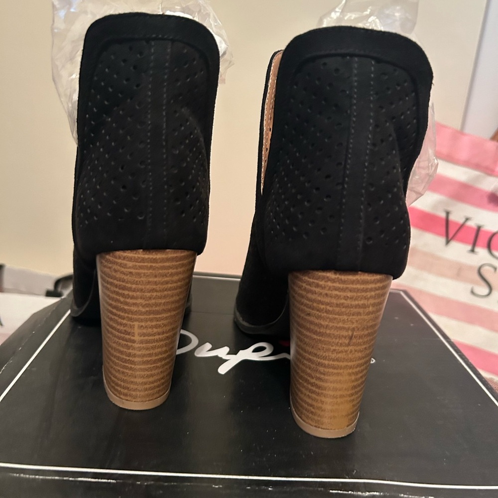 Qupid Black Perforated Ankle Booties with Tan Heel - Picture 3 of 8